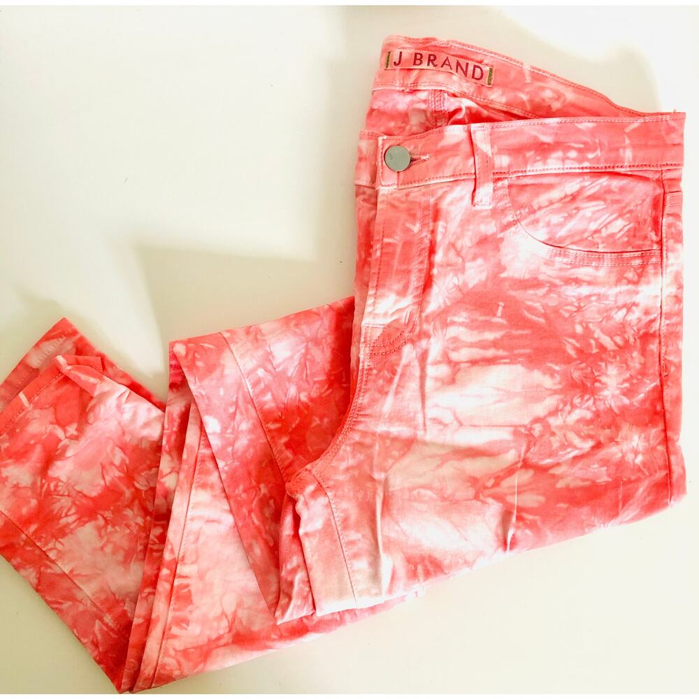 NEW J BRAND White Twisted Coral Tie Dye Watercolor Print Mid Skinny Jeans 29 - Picture 2 of 7